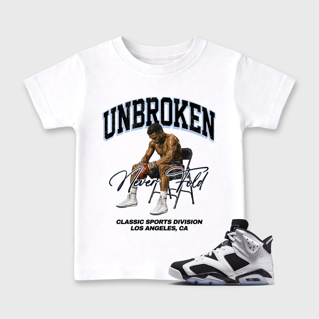 Unbroken Baby & Kids Graphic T-Shirt featuring original artwork designed to match the Air Jordan 6 Black and White. White 1 Kids Graphic Tee.