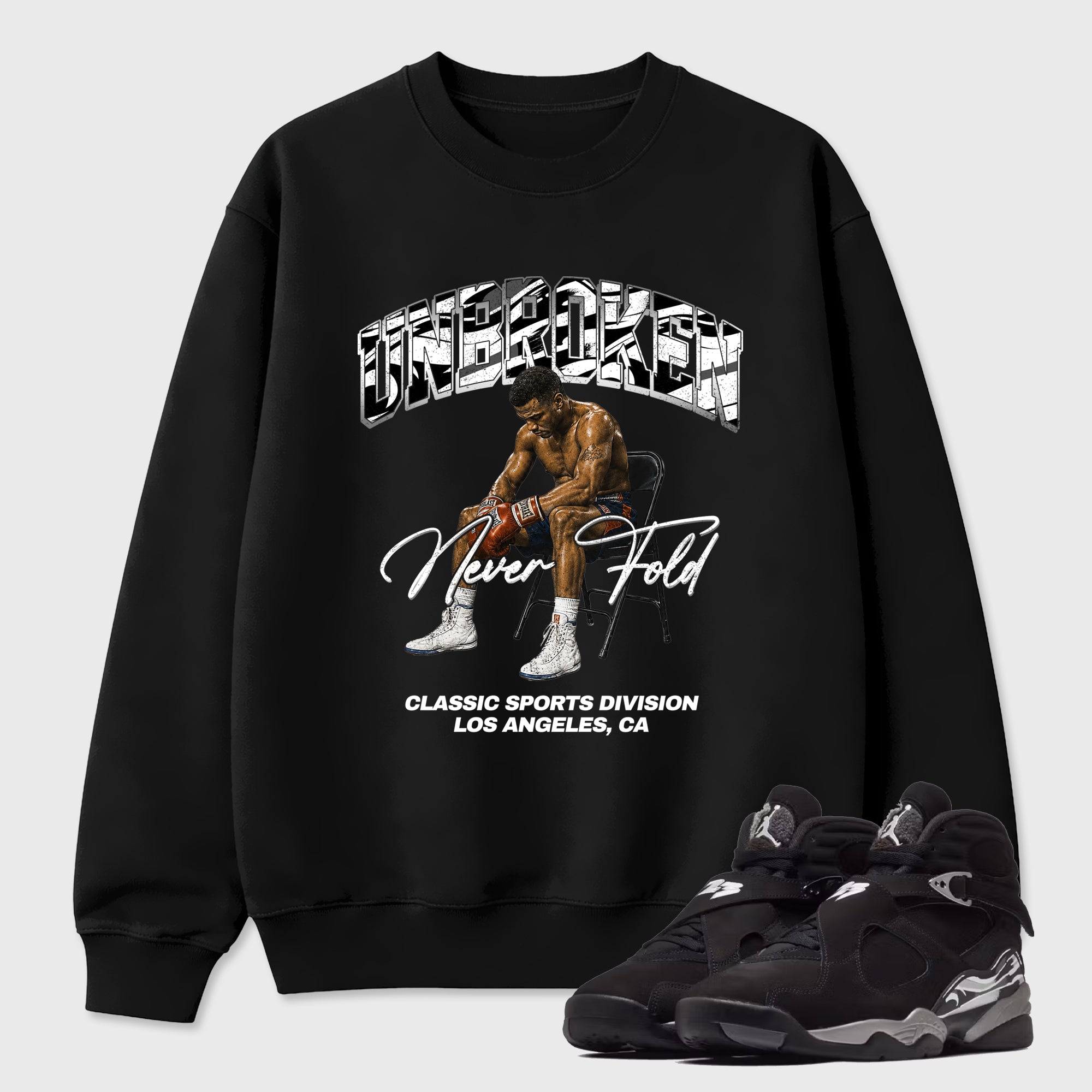 Unbroken Graphic T-Shirt featuring original streetwear artwork designed to match the Air Jordan 8 Chrome. Black 1 Graphic Tee.