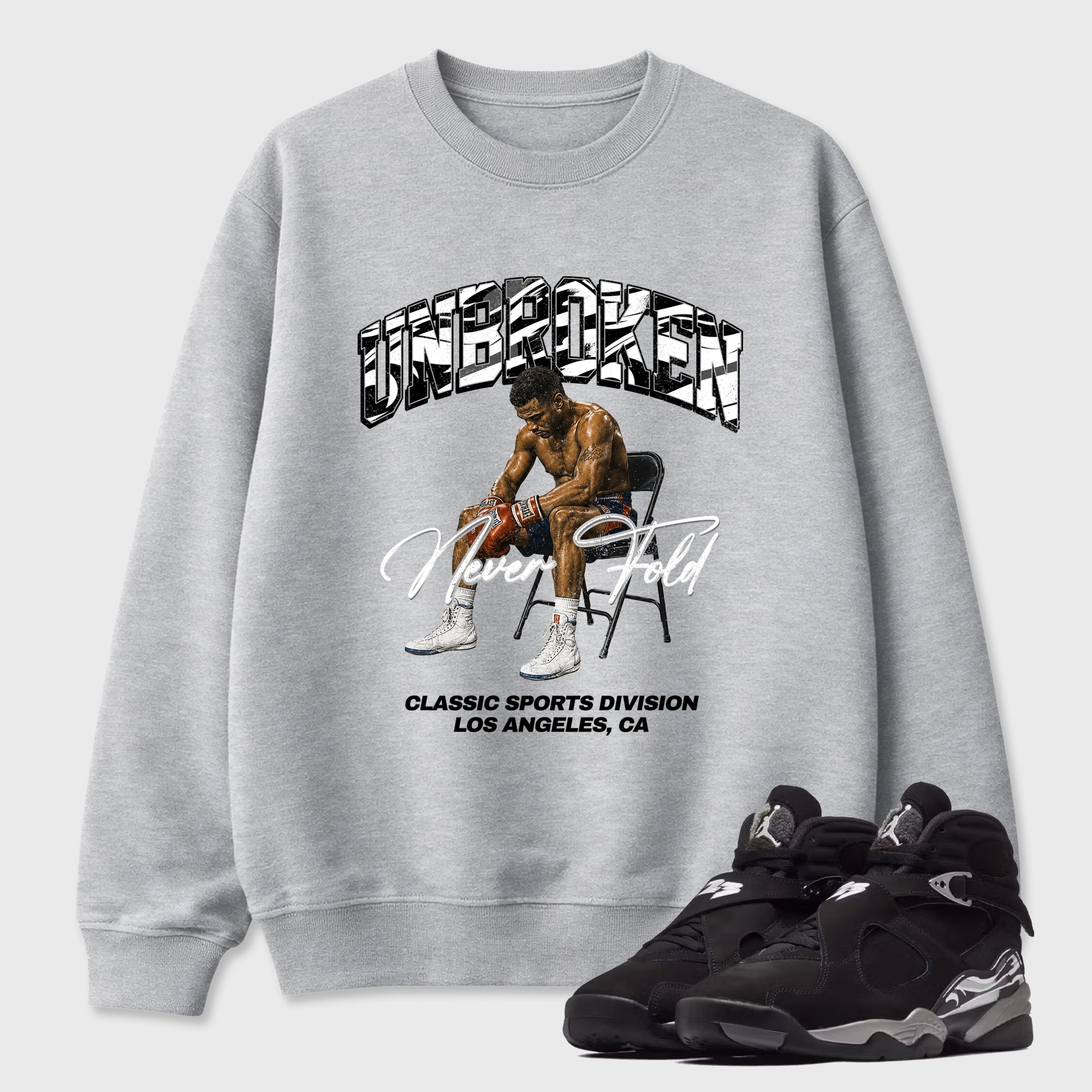 Unbroken Graphic T-Shirt featuring original streetwear artwork designed to match the Air Jordan 8 Chrome. Heather Grey 1 Graphic Tee.