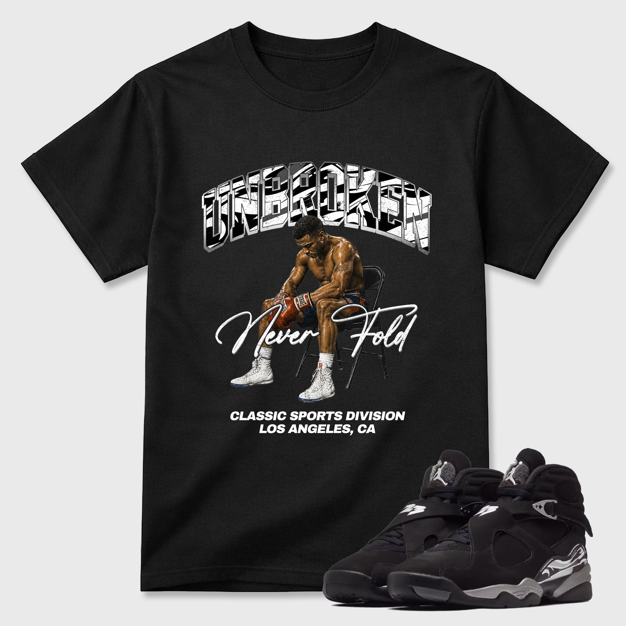 Unbroken Graphic T-Shirt featuring original streetwear artwork designed to match the Air Jordan 8 Chrome. Black 1 Graphic T-Shirt.