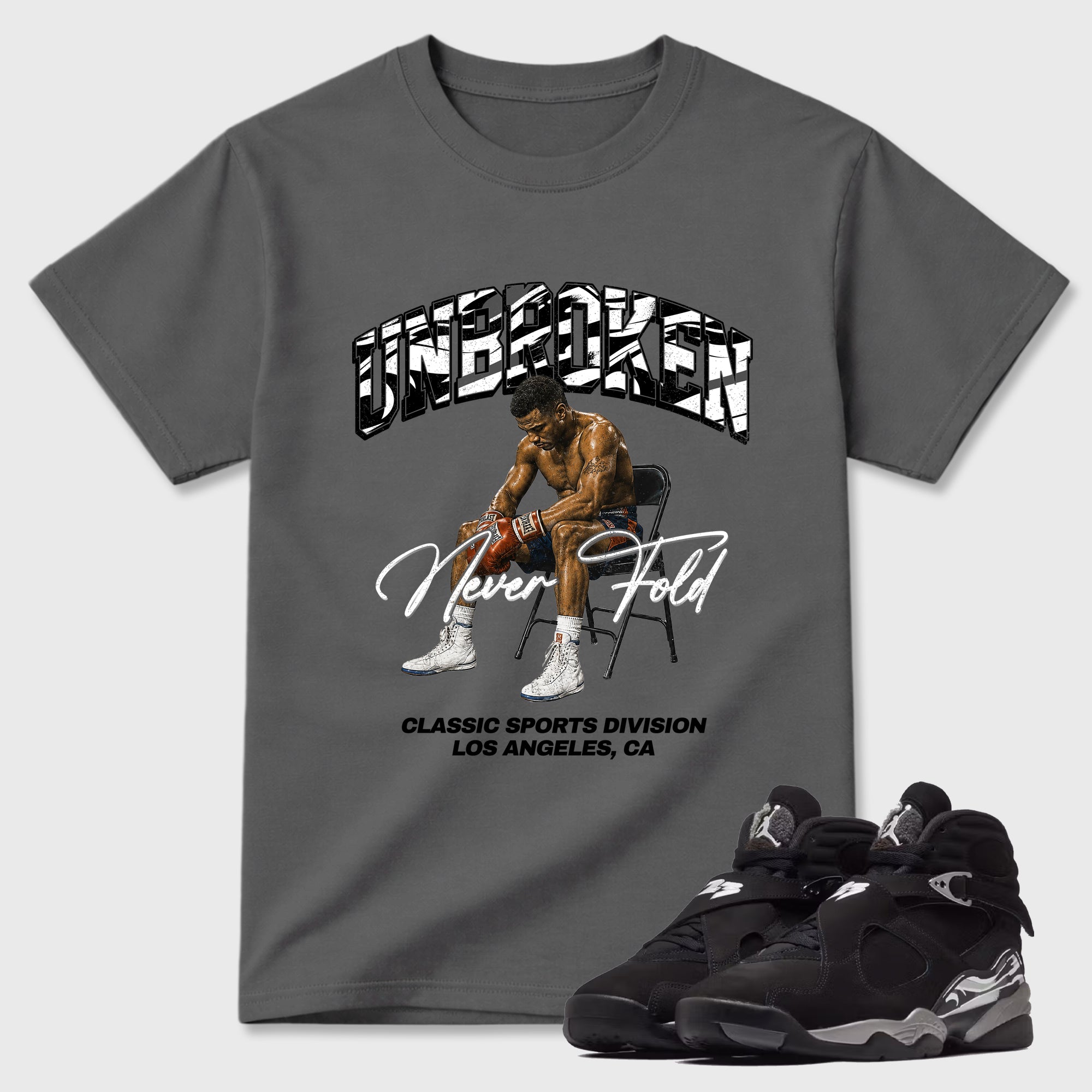 Unbroken Graphic T-Shirt featuring original streetwear artwork designed to match the Air Jordan 8 Chrome. Cool Grey 1 Graphic T-Shirt.