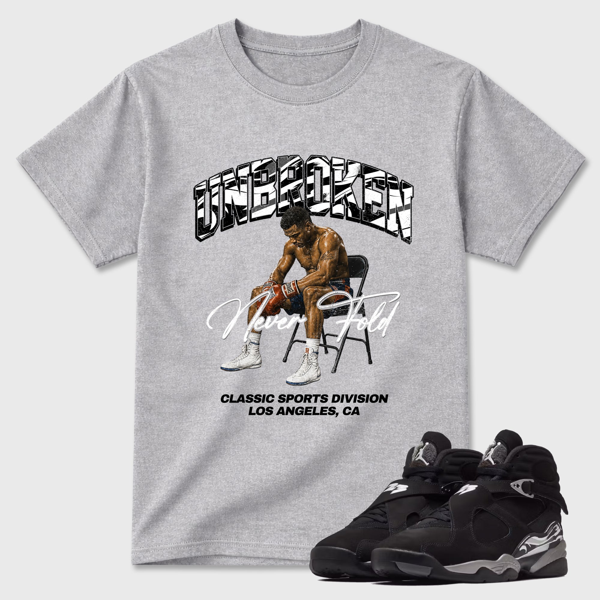 Unbroken Graphic T-Shirt featuring original streetwear artwork designed to match the Air Jordan 8 Chrome. Heather Grey 1 Graphic T-Shirt.