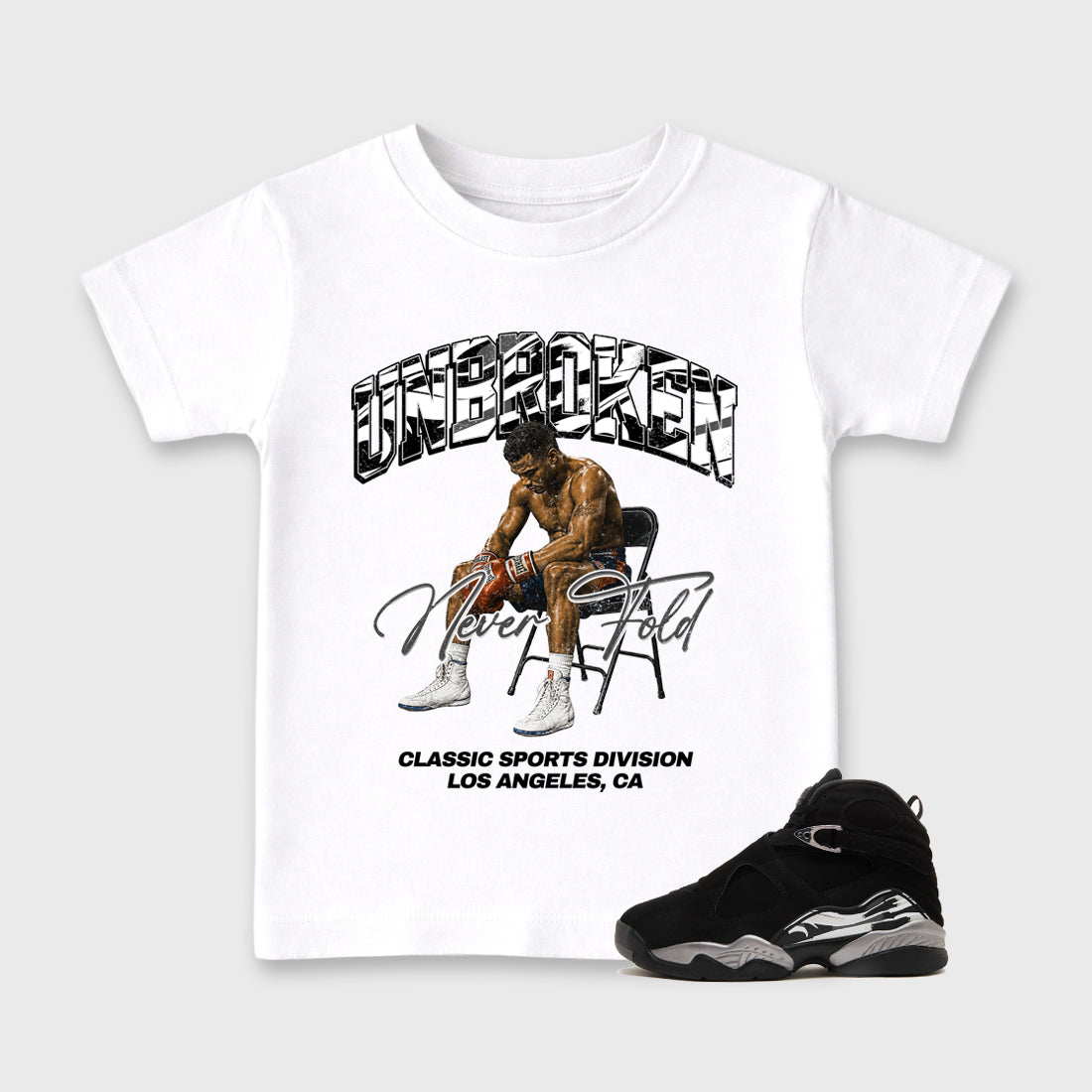Unbroken Baby & Kids Graphic T-Shirt featuring original artwork designed to match the Air Jordan 8 Chrome. White 1 Kids Graphic Tee.