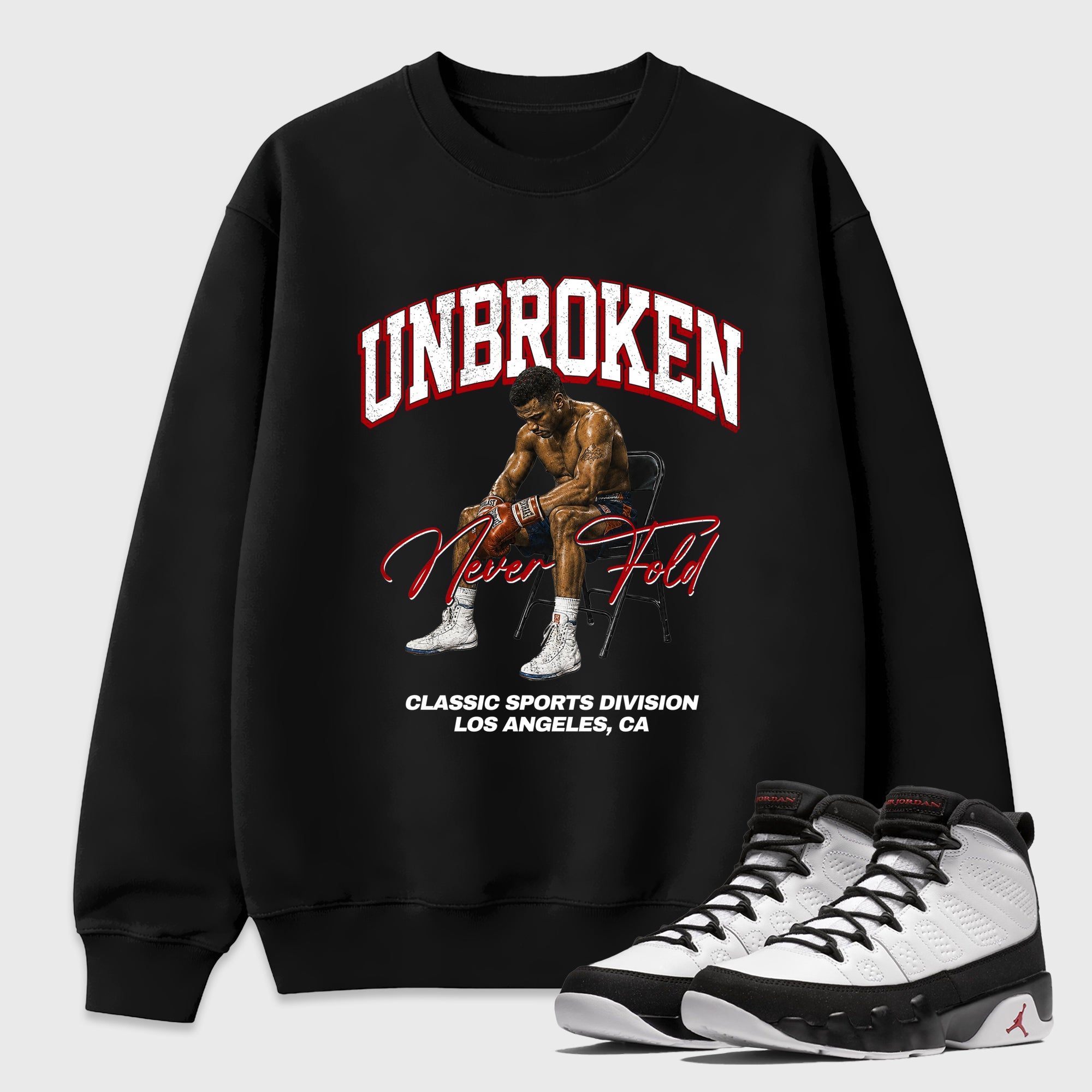 Unbroken Graphic T-Shirt featuring original streetwear artwork designed to match the Air Jordan 9 True Red. Black 1 Graphic Tee.