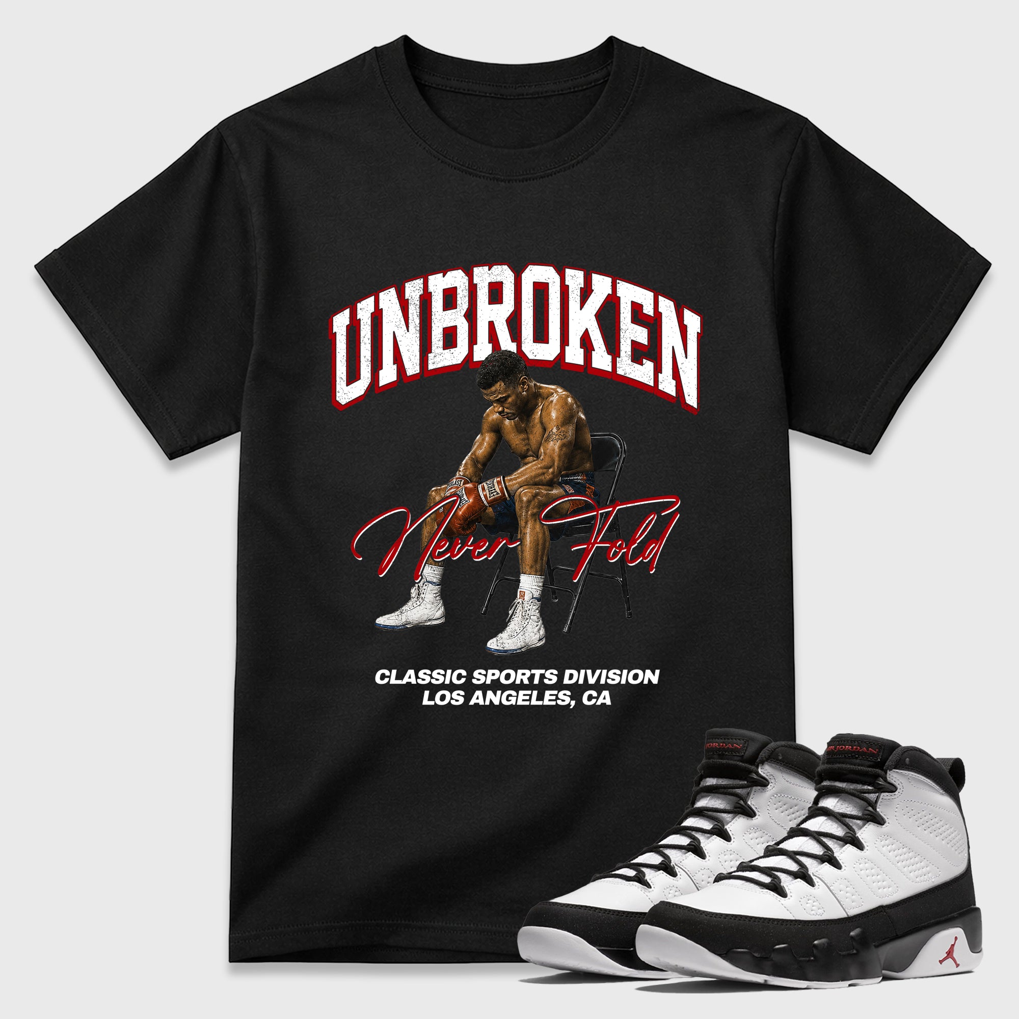 Unbroken Graphic T-Shirt featuring original streetwear artwork designed to match the Air Jordan 9 True Red. Black 1 Graphic T-Shirt.
