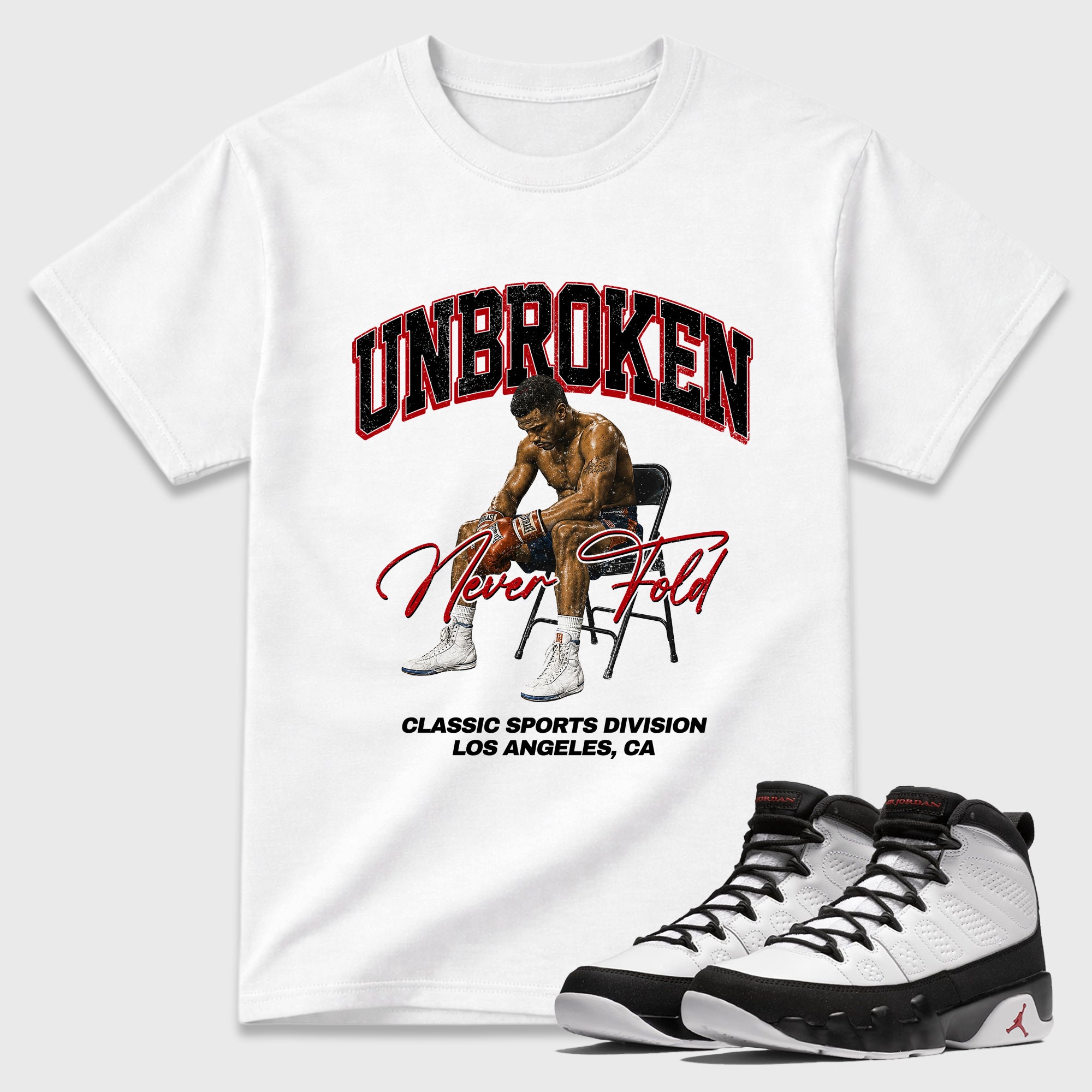 Unbroken Graphic T-Shirt featuring original streetwear artwork designed to match the Air Jordan 9 True Red. White 1 Graphic T-Shirt.
