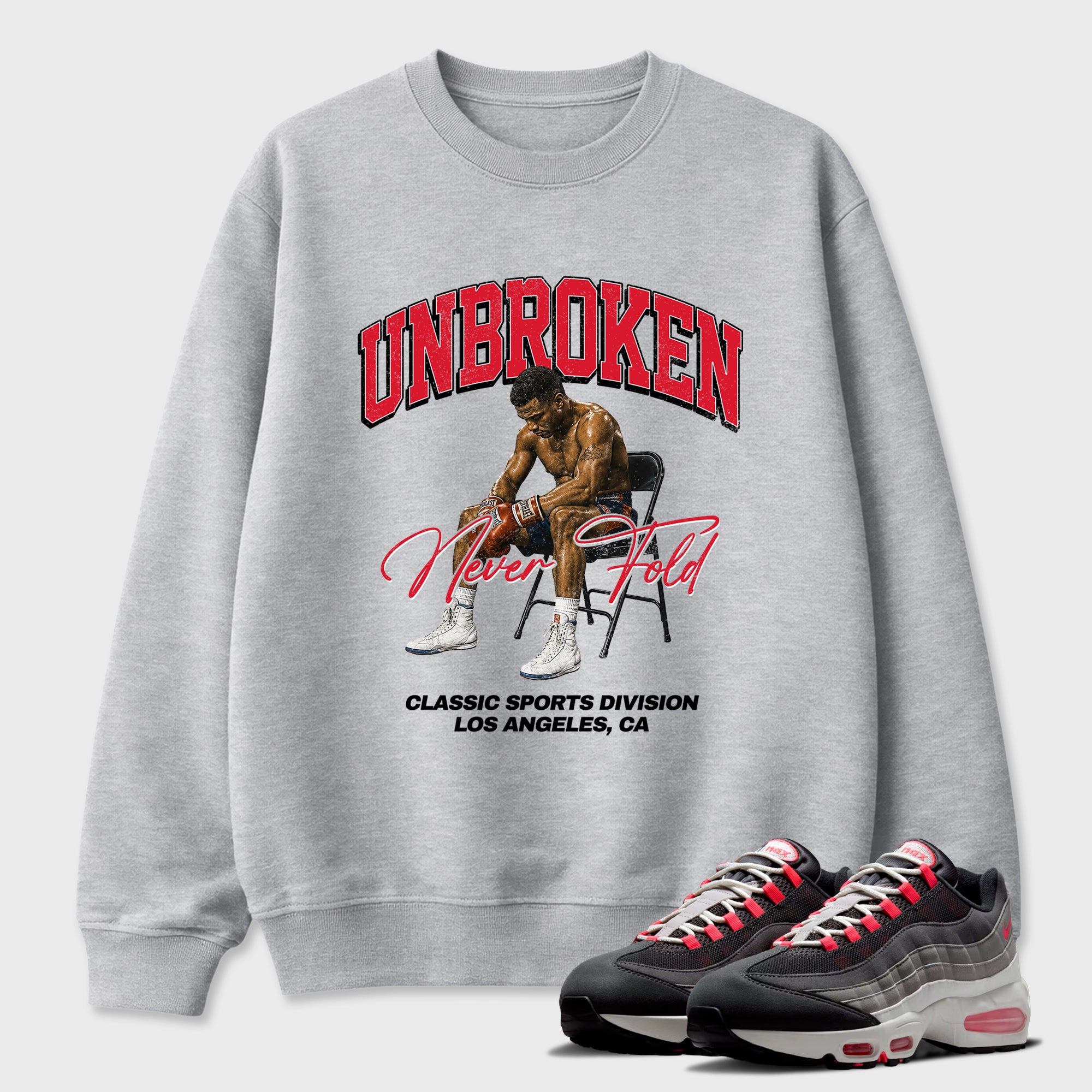 Unbroken Graphic T-Shirt featuring original streetwear artwork designed to match the Air Max 95 Reverse Solar Red. Heather Grey 1 Graphic Tee.