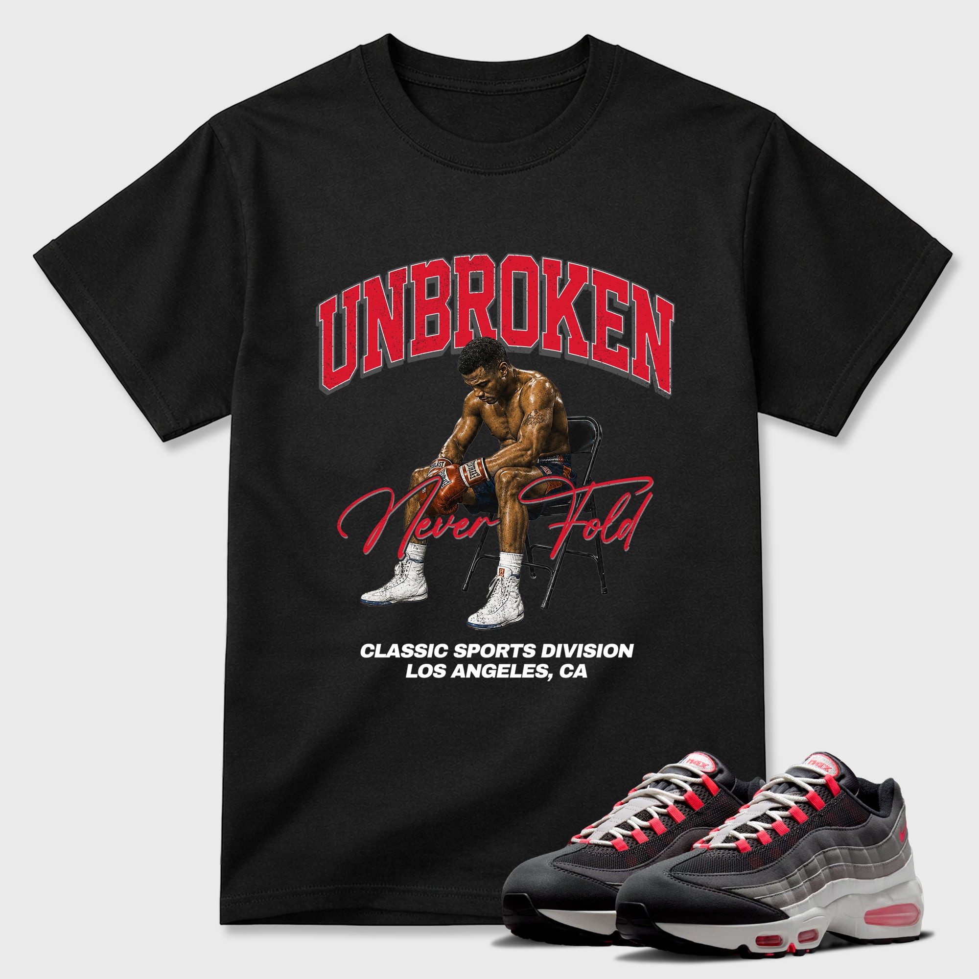 Unbroken Graphic T-Shirt featuring original streetwear artwork designed to match the Air Max 95 Reverse Solar Red. Black 1 Graphic T-Shirt.