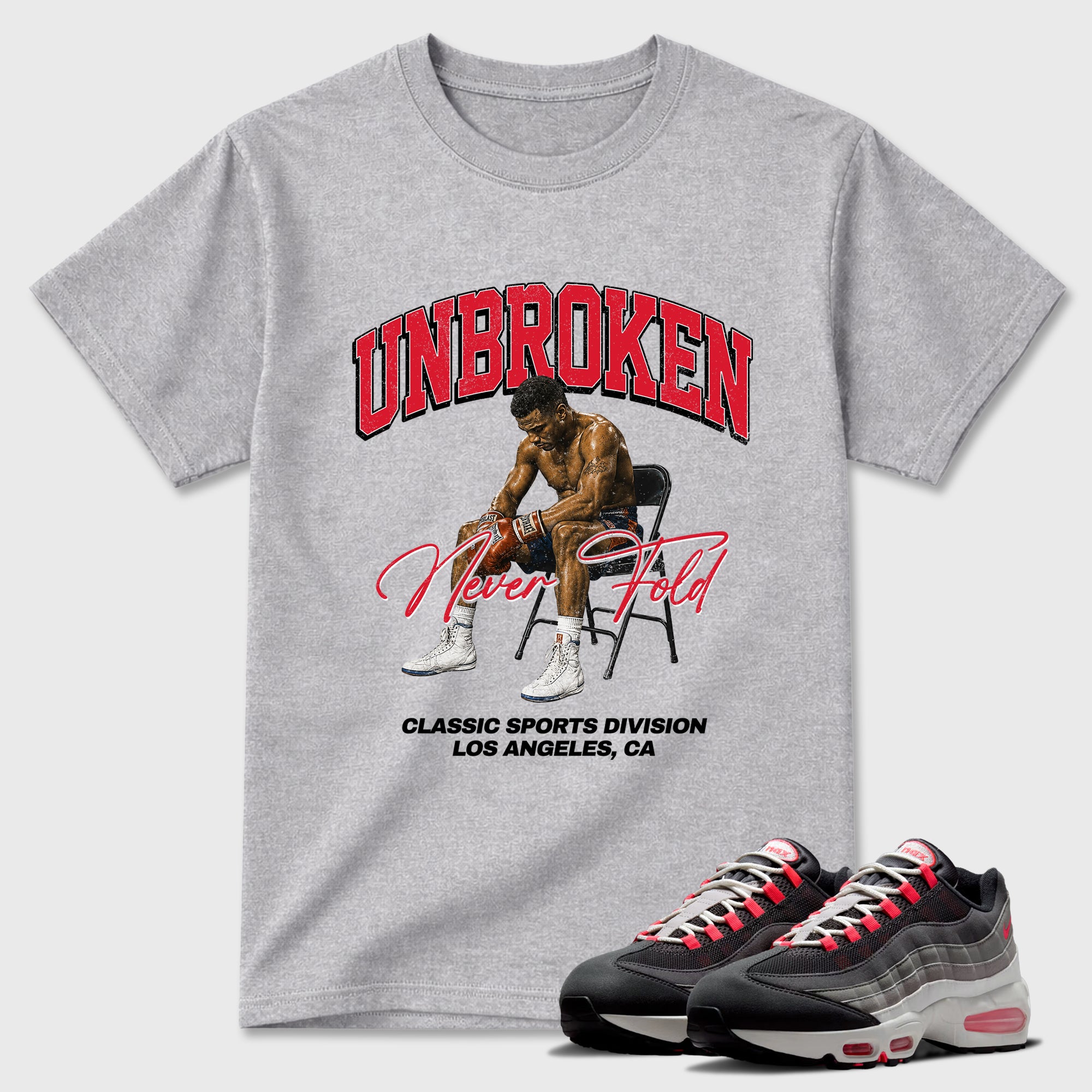 Unbroken Graphic T-Shirt featuring original streetwear artwork designed to match the Air Max 95 Reverse Solar Red. Heather Grey 1 Graphic T-Shirt.
