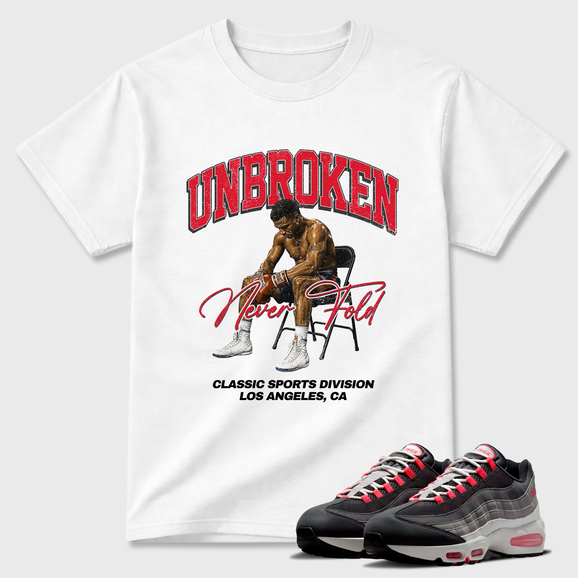Unbroken Graphic T-Shirt featuring original streetwear artwork designed to match the Air Max 95 Reverse Solar Red. White 1 Graphic T-Shirt.