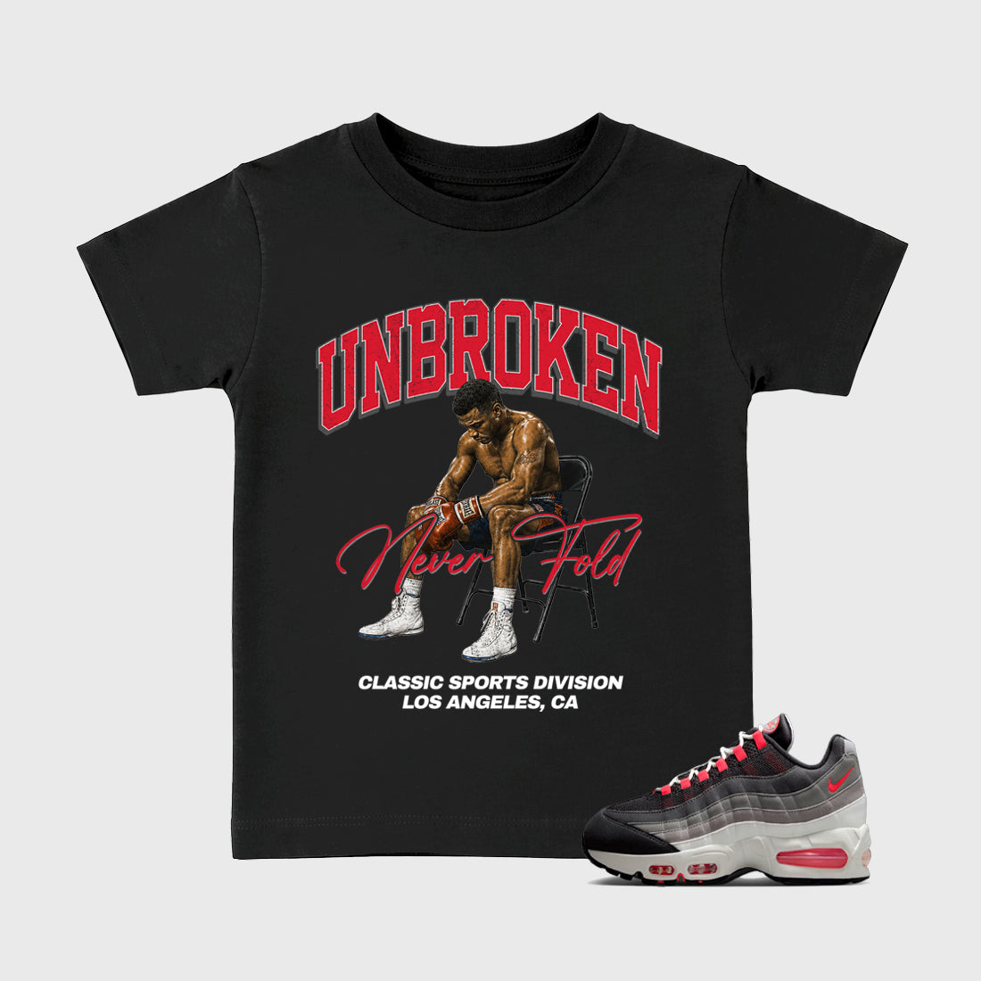 Unbroken Baby & Kids Graphic T-Shirt featuring original artwork designed to match the Air Max 95 Reverse Solar Red. Black 1 Kids Graphic Tee.