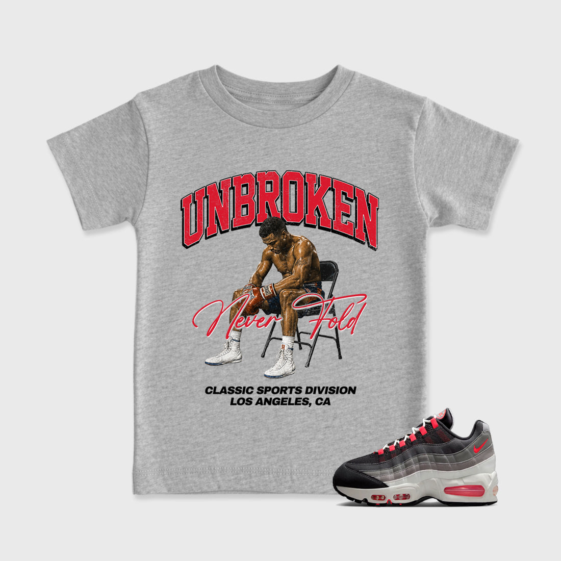 Unbroken Baby & Kids Graphic T-Shirt featuring original artwork designed to match the Air Max 95 Reverse Solar Red. Heather Grey 1 Kids Graphic Tee.
