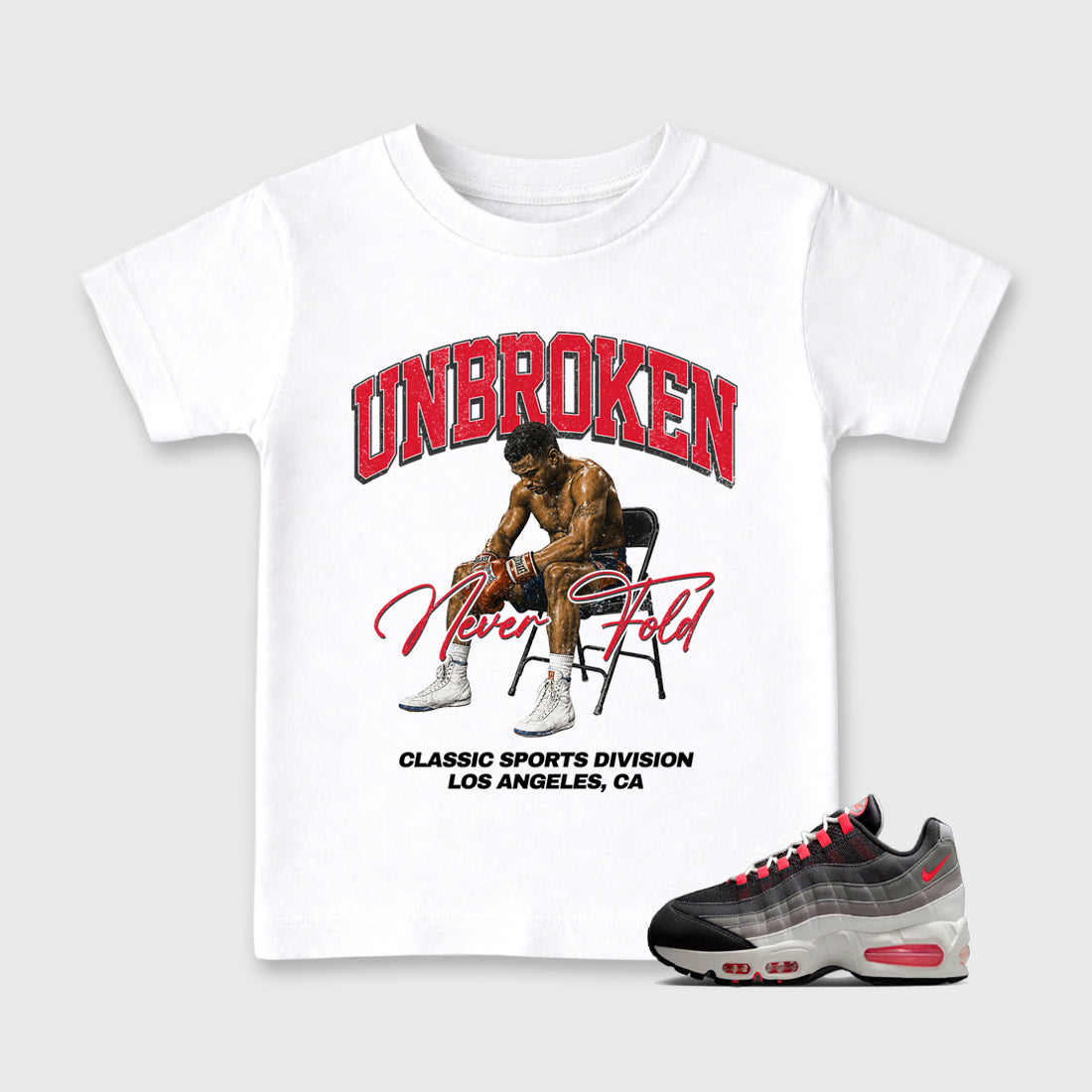 Unbroken Baby & Kids Graphic T-Shirt featuring original artwork designed to match the Air Max 95 Reverse Solar Red. White 1 Kids Graphic Tee.