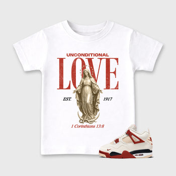 Sneaker match tees – Sneaker Tees To Match Air Jordan 4 Brick After Brick Shoes – Unconditional Love Kids T-Shirt White 1