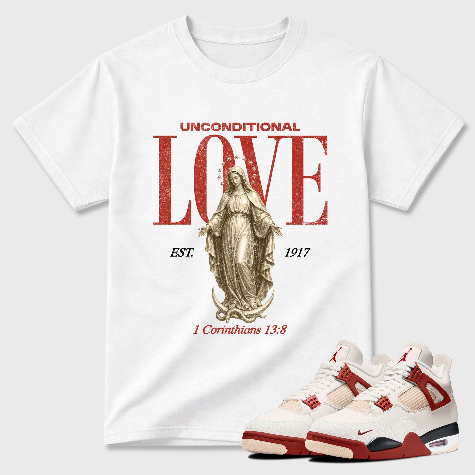 Sneaker match tees – Sneaker Tees To Match Air Jordan 4 Brick After Brick Shoes – Unconditional Love Tee White 1
