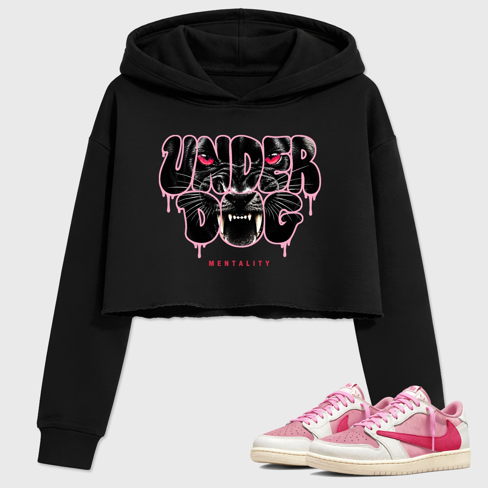 Under Dog women’s crop tee designed to match the Air Jordan 1 Travis Scott Tropical Pink, featuring coordinated Black 1 options for a perfect streetwear vibe.