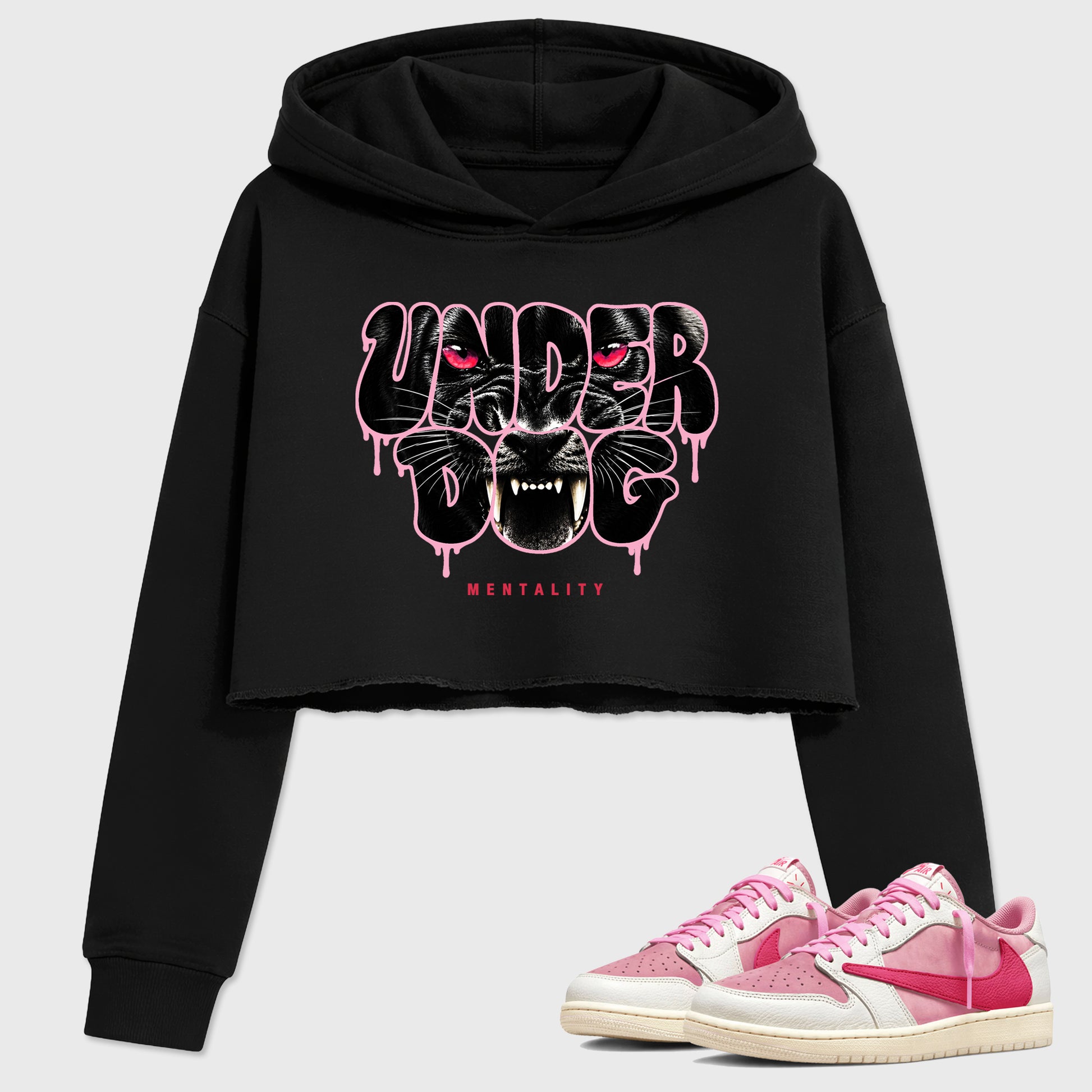Under Dog women’s crop tee designed to match the Air Jordan 1 Travis Scott Tropical Pink, featuring coordinated Black 1 options for a perfect streetwear vibe.