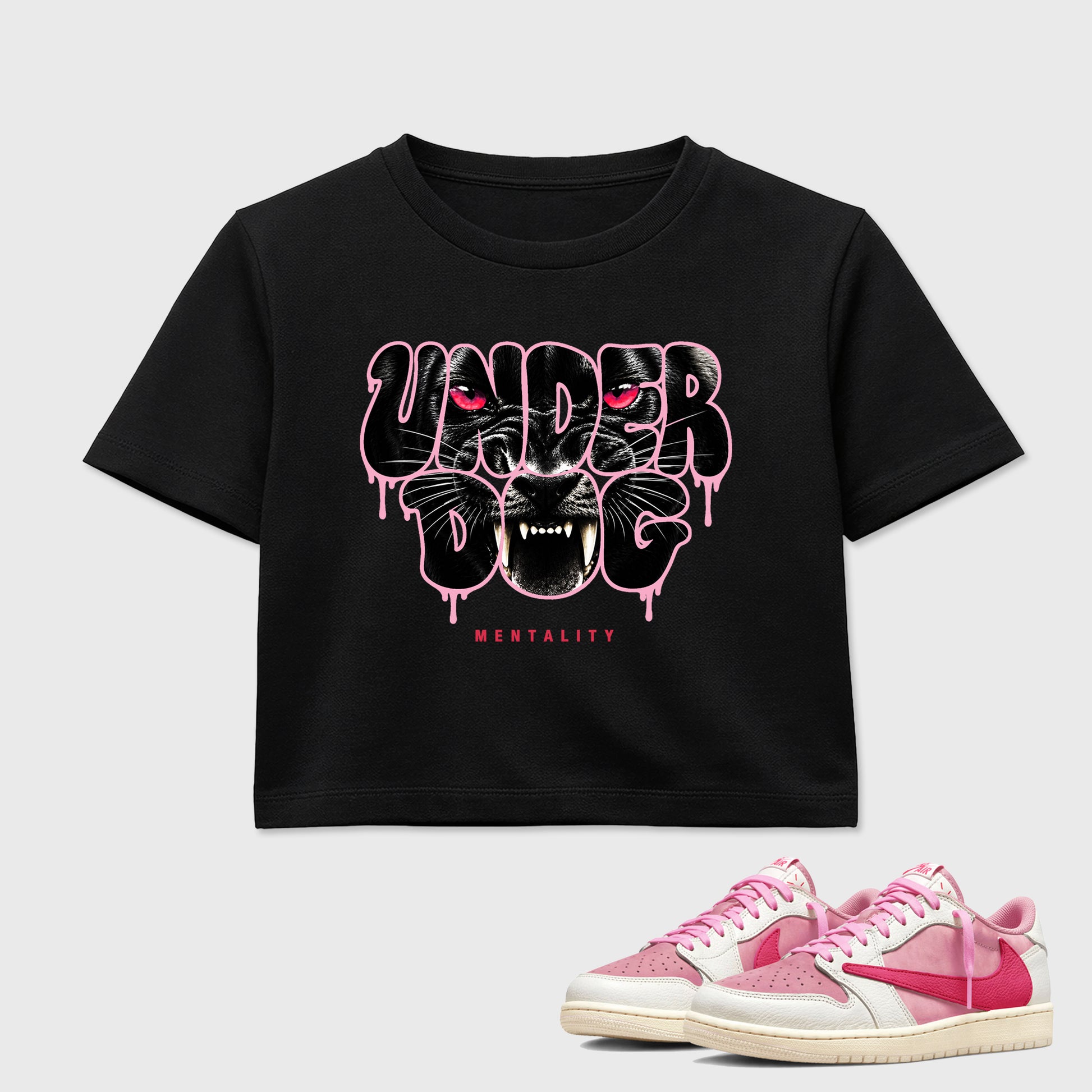 Under Dog women’s crop tee designed to match the Air Jordan 1 Travis Scott Tropical Pink, featuring coordinated Black 1 options for a perfect streetwear vibe.