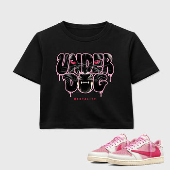 Under Dog women’s crop tee designed to match the Air Jordan 1 Travis Scott Tropical Pink, featuring coordinated Black 1 options for a perfect streetwear vibe.
