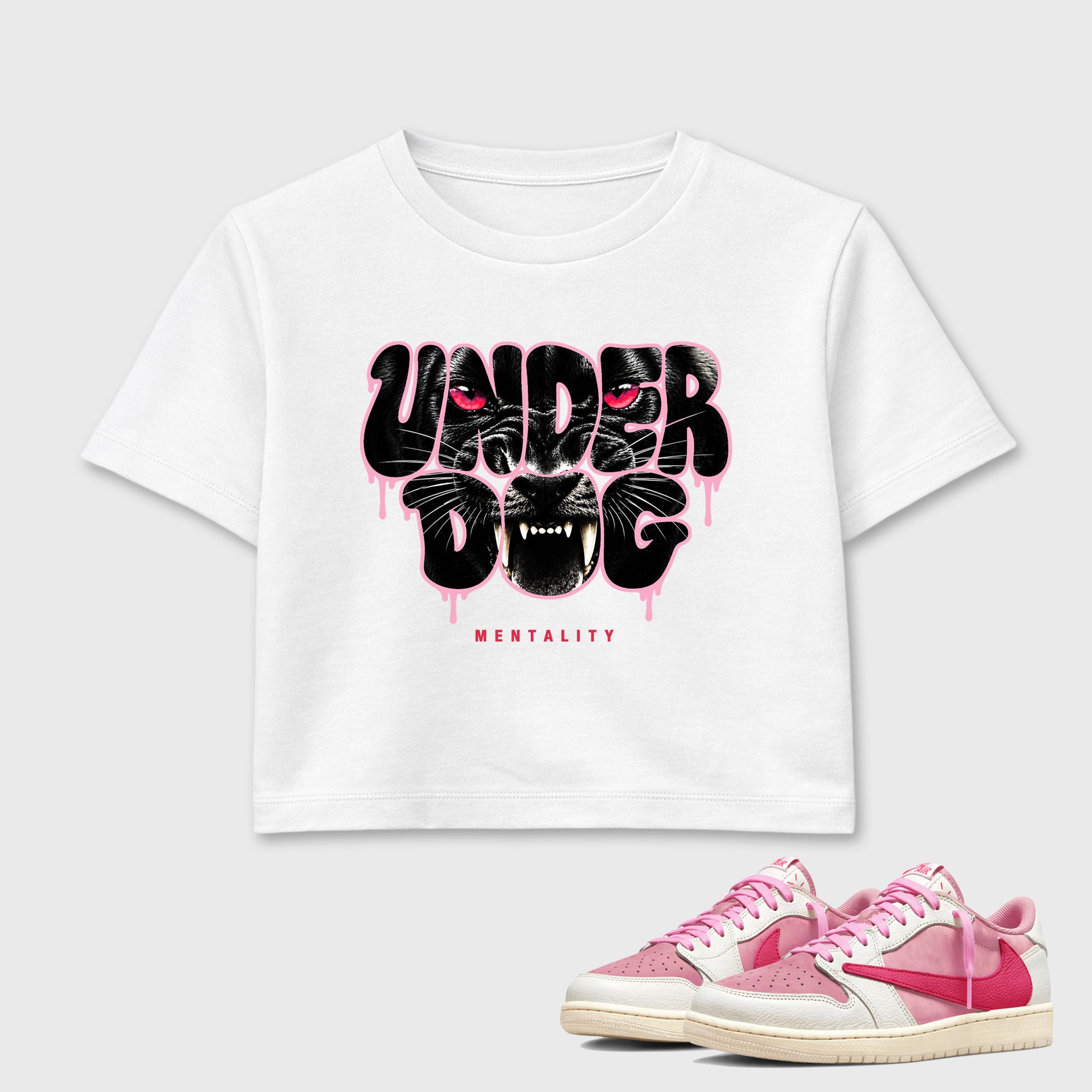 Under Dog women’s crop tee designed to match the Air Jordan 1 Travis Scott Tropical Pink, featuring coordinated White 1 options for a perfect streetwear vibe.