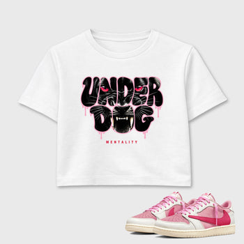 Under Dog women’s crop tee designed to match the Air Jordan 1 Travis Scott Tropical Pink, featuring coordinated White 1 options for a perfect streetwear vibe.