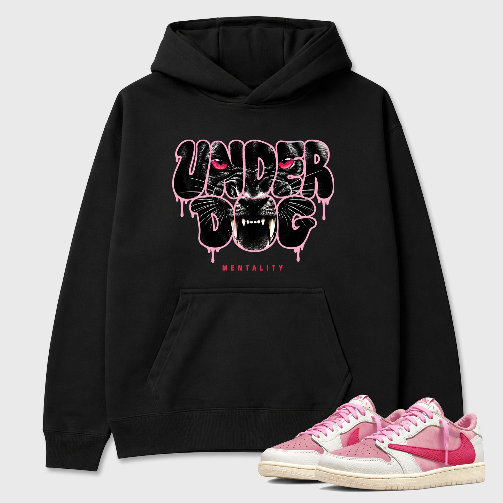 Under Dog Graphic T-Shirt sneaker match tee designed for the Air Jordan 1 Travis Scott Tropical Pink, featuring coordinated color options for a perfect streetwear match. Black 1 shirt.