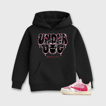 Under Dog affordable baby and kids t-shirt designed to match the Air Jordan 1 Travis Scott Tropical Pink, featuring coordinated Black 1 options for the perfect little sneakerhead streetwear look.