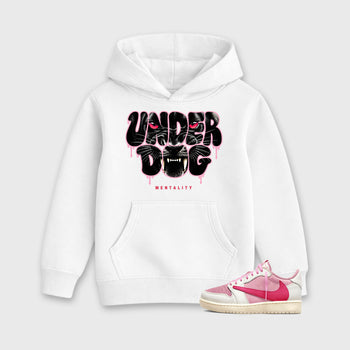 Under Dog affordable baby and kids t-shirt designed to match the Air Jordan 1 Travis Scott Tropical Pink, featuring coordinated White 1 options for the perfect little sneakerhead streetwear look.