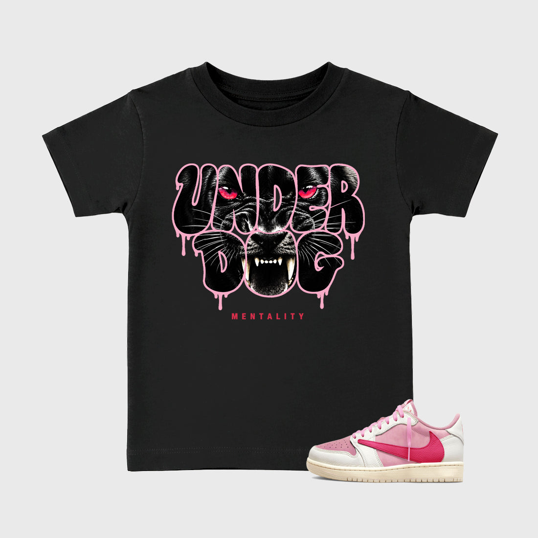 Under Dog affordable baby and kids t-shirt designed to match the Air Jordan 1 Travis Scott Tropical Pink, featuring coordinated Black 1 options for the perfect little sneakerhead streetwear look.
