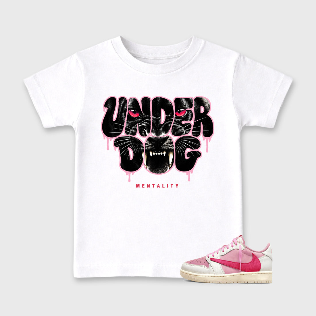 Under Dog affordable baby and kids t-shirt designed to match the Air Jordan 1 Travis Scott Tropical Pink, featuring coordinated White 1 options for the perfect little sneakerhead streetwear look.
