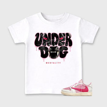 Under Dog affordable baby and kids t-shirt designed to match the Air Jordan 1 Travis Scott Tropical Pink, featuring coordinated White 1 options for the perfect little sneakerhead streetwear look.