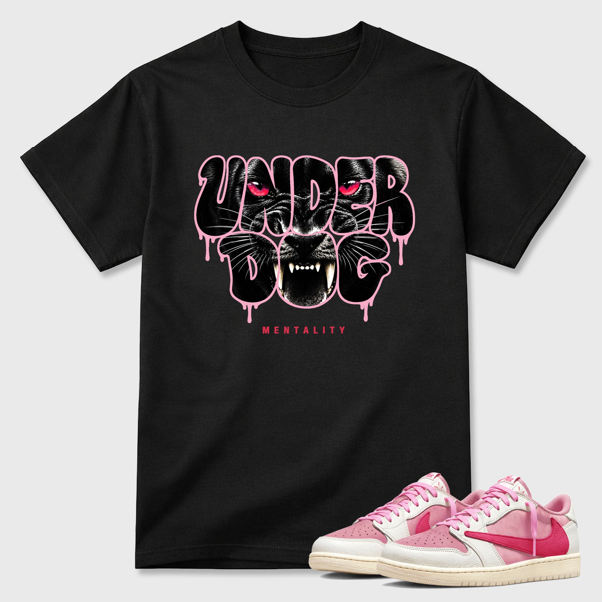 Under Dog Graphic T-Shirt sneaker match tee designed for the Air Jordan 1 Travis Scott Tropical Pink, featuring coordinated color options for a perfect streetwear match. Black 1 shirt.