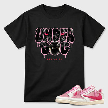 Under Dog Graphic T-Shirt sneaker match tee designed for the Air Jordan 1 Travis Scott Tropical Pink, featuring coordinated color options for a perfect streetwear match. Black 1 shirt.