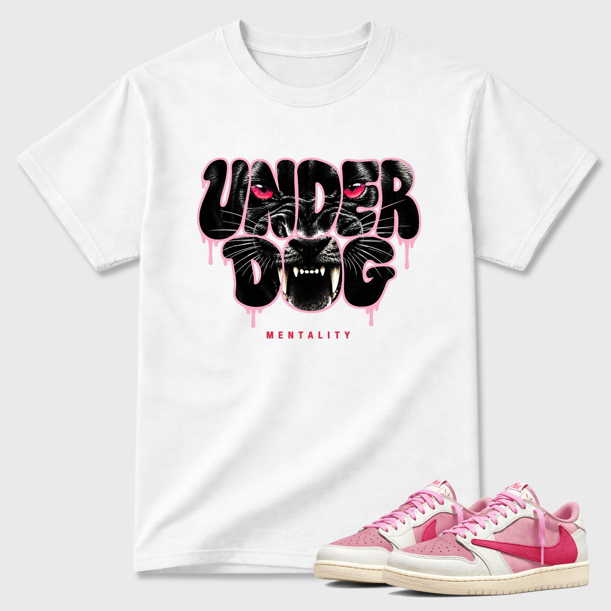 Under Dog Graphic T-Shirt sneaker match tee designed for the Air Jordan 1 Travis Scott Tropical Pink, featuring coordinated color options for a perfect streetwear match. White 1 shirt.