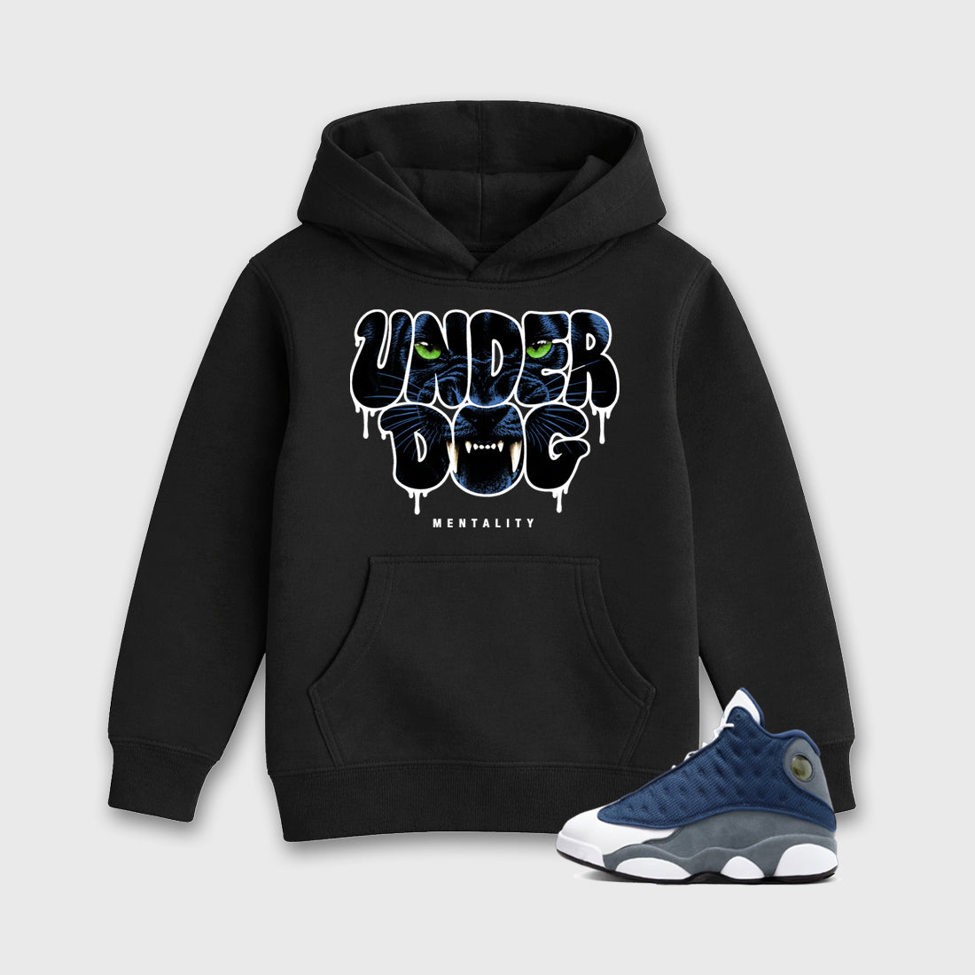 Under Dog Baby & Kids Graphic Hoodie featuring original artwork designed to match the Air Jordan 13 Flint. Black 1 Kids Graphic Sweater.