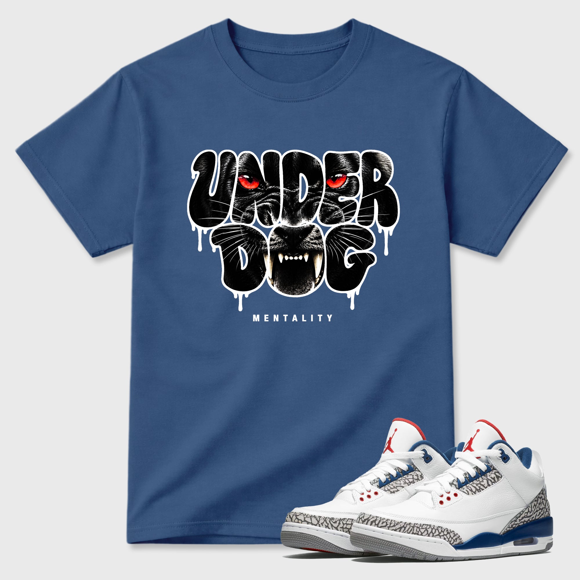 Under Dog Graphic T-Shirt featuring original streetwear artwork designed to match the Air Jordan 3 True Blue. Denim Blue 1 Graphic T-Shirt.