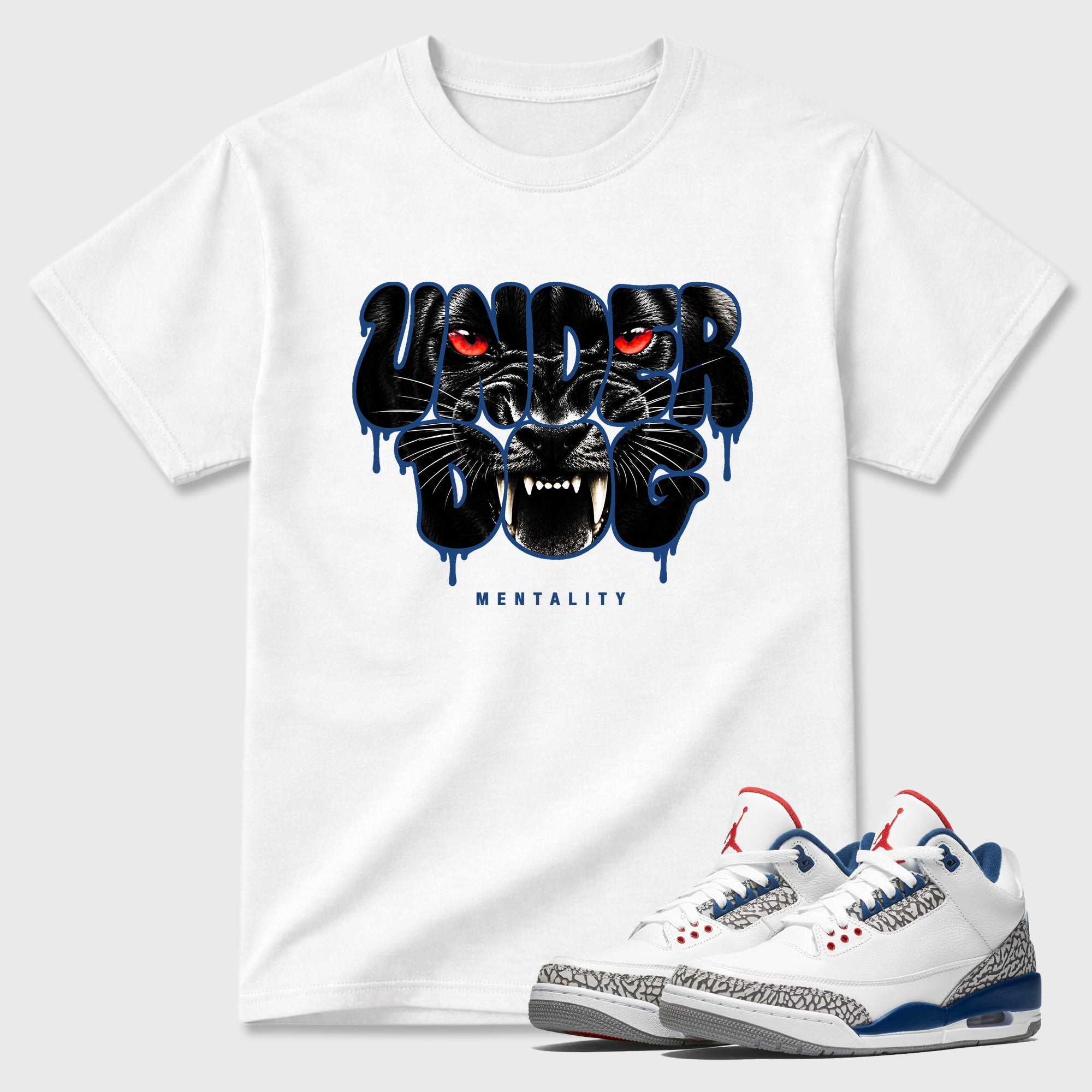 Under Dog Graphic T-Shirt featuring original streetwear artwork designed to match the Air Jordan 3 True Blue. White 1 Graphic T-Shirt.