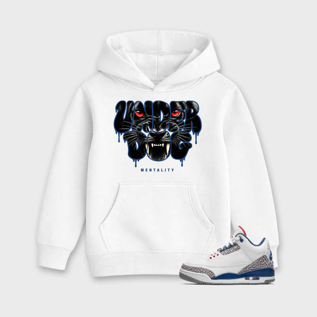 Under Dog Baby & Kids Graphic Hoodie featuring original artwork designed to match the Air Jordan 3 True Blue. White 1 Kids Graphic Sweater.