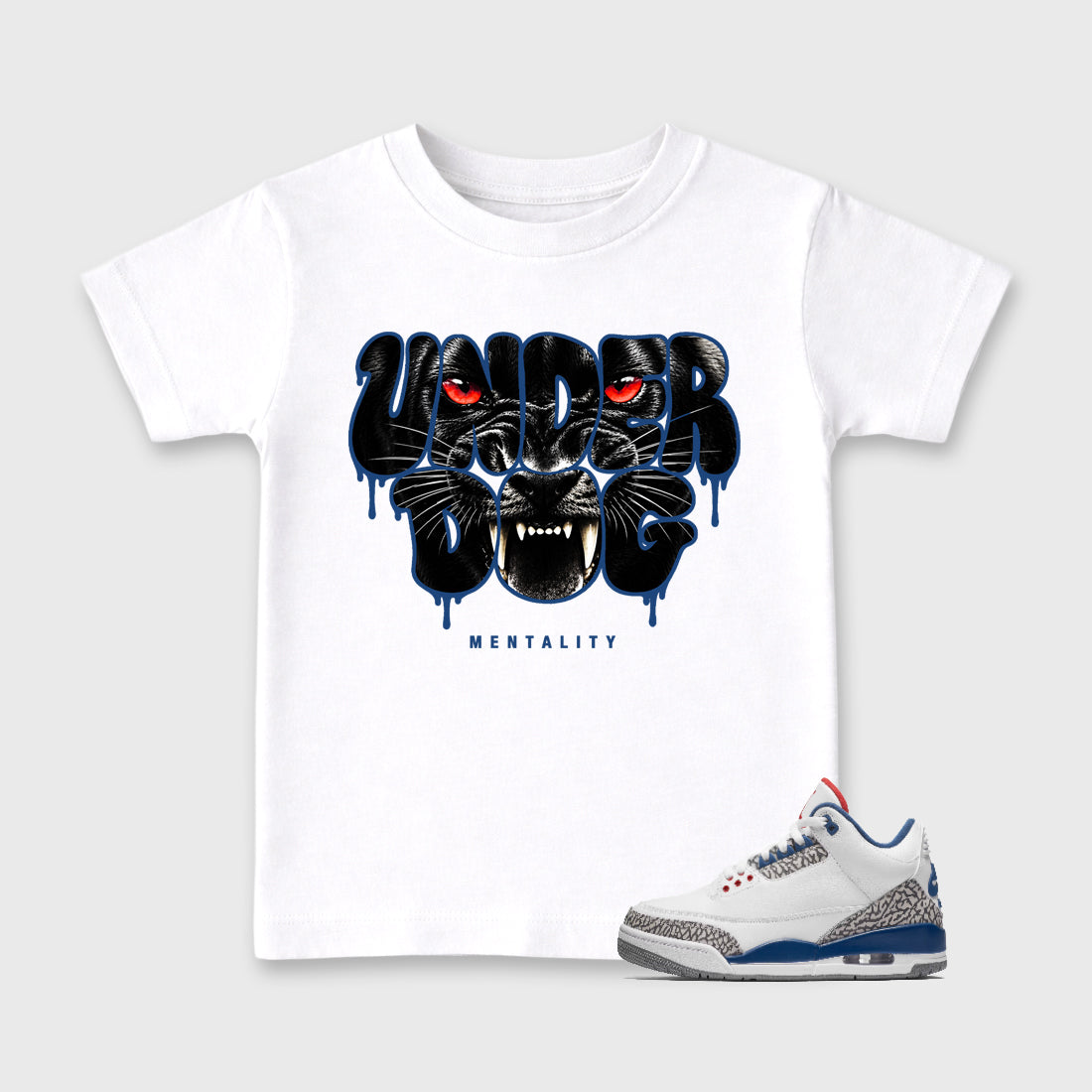 Under Dog Baby & Kids Graphic T-Shirt featuring original artwork designed to match the Air Jordan 3 True Blue. White 1 Kids Graphic Tee.
