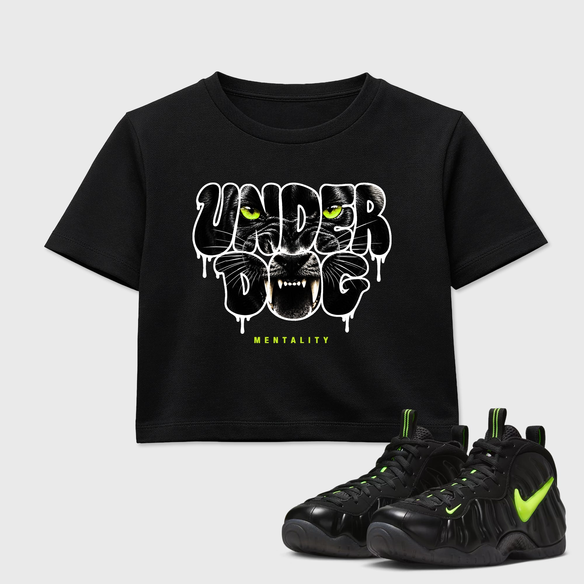 Sneaker match tees – Sneaker Tees To Match Air Foamposite Pro Black Shoes – Under Dog Mentality Crop T-Shirt Black 1
