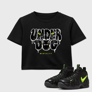 Sneaker match tees – Sneaker Tees To Match Air Foamposite Pro Black Shoes – Under Dog Mentality Crop T-Shirt Black 1