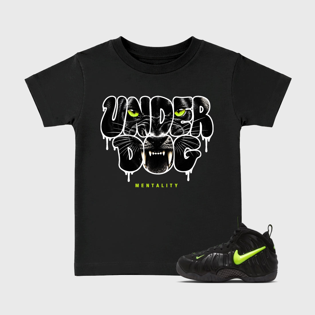 Sneaker match tees – Sneaker Tees To Match Air Foamposite Pro Black Shoes – Under Dog Mentality Kids T-Shirt Black 1