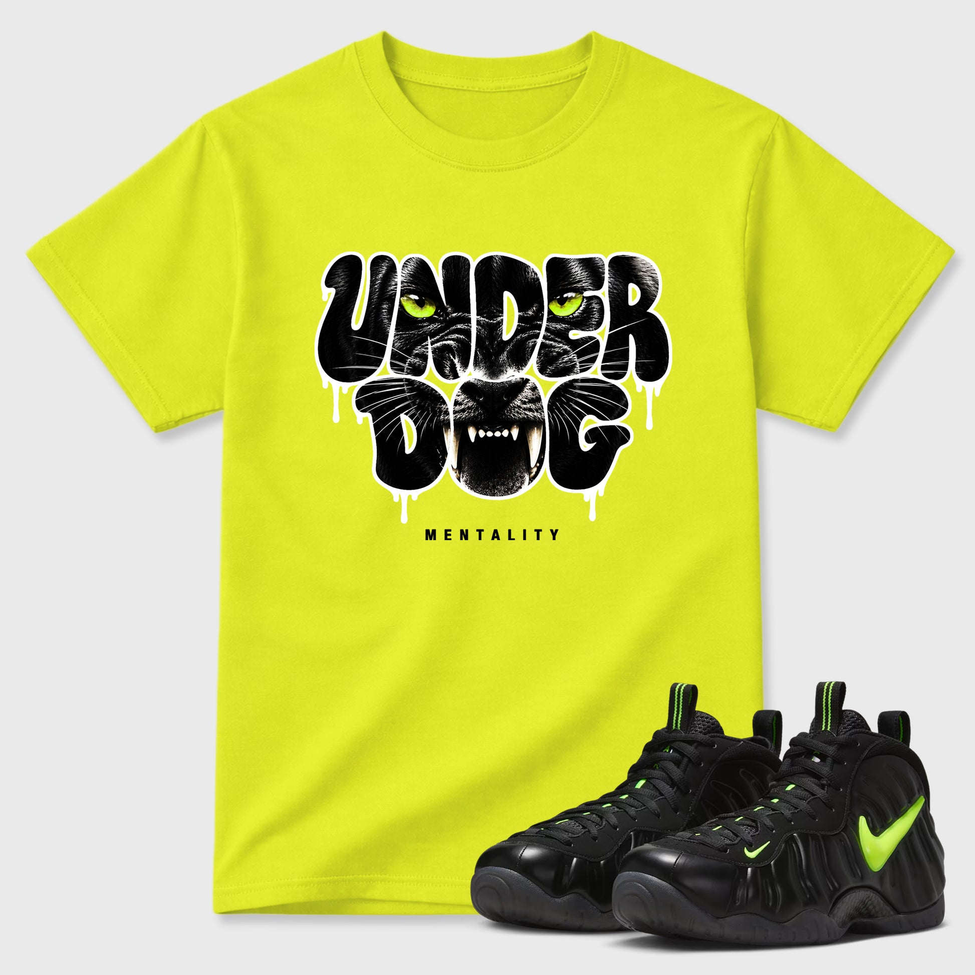 Sneaker match tees – Sneaker Tees To Match Air Foamposite Pro Black Shoes – Under Dog Mentality Tee Safety Green 1