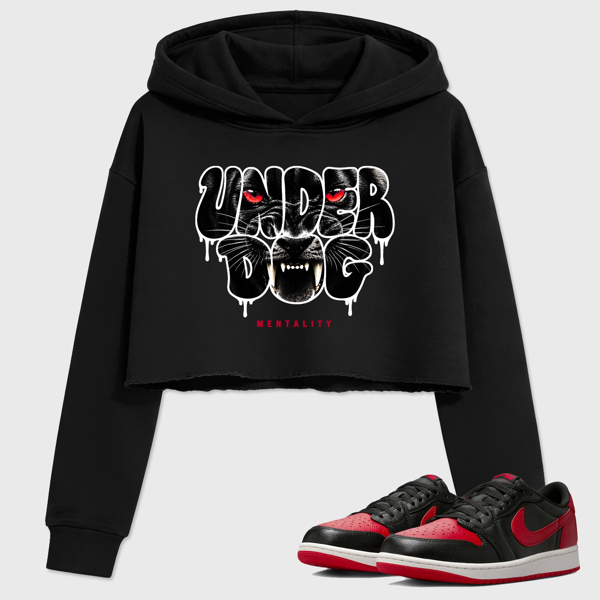 Sneaker match tees – Sneaker Tees To Match Air Jordan 1 Banned Shoes – Under Dog Mentality Crop T-Shirt Black 1