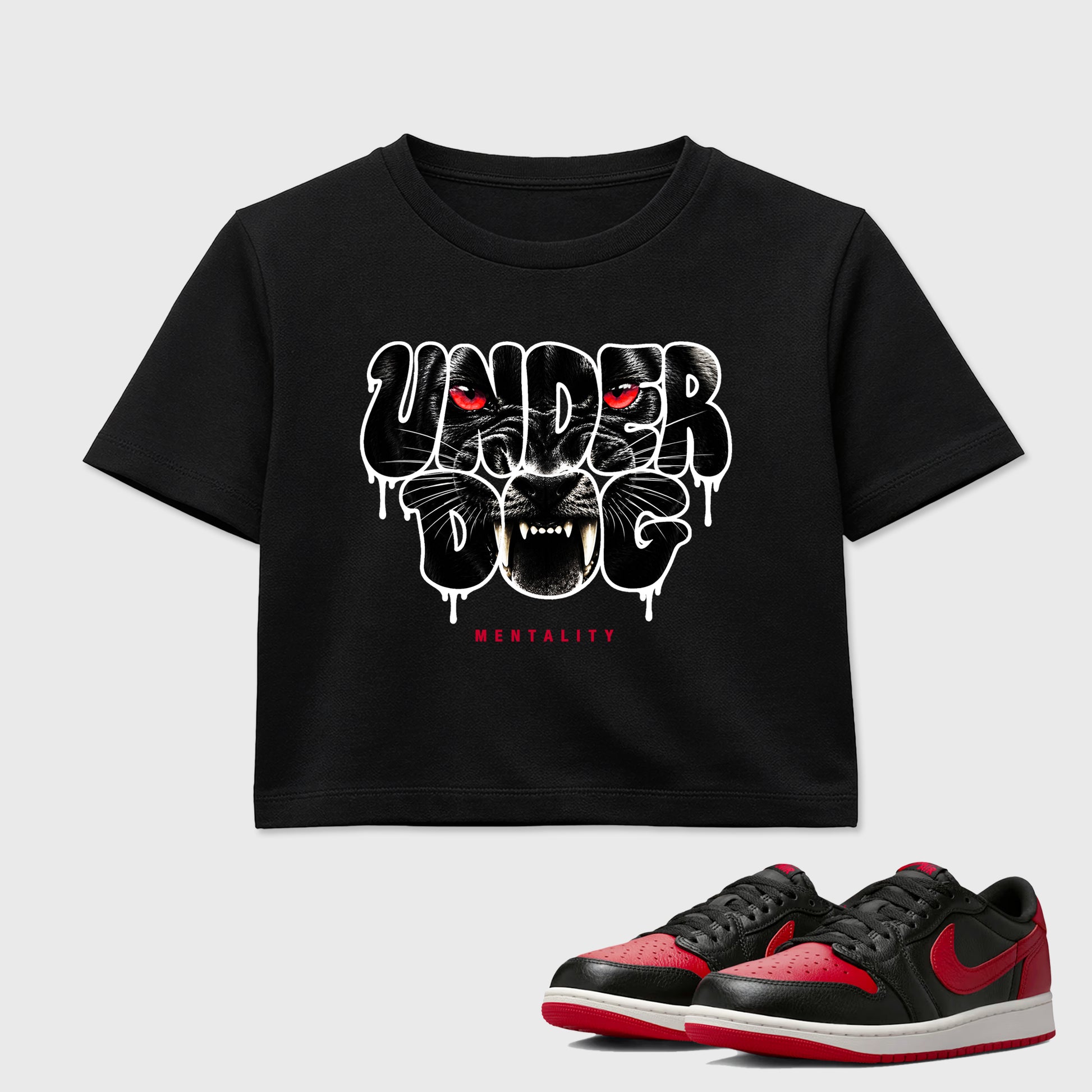 Sneaker match tees – Sneaker Tees To Match Air Jordan 1 Banned Shoes – Under Dog Mentality Crop T-Shirt Black 1