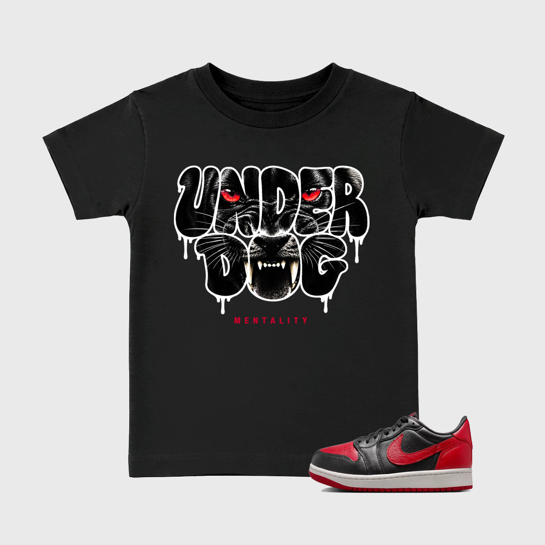 Sneaker match tees – Sneaker Tees To Match Air Jordan 1 Banned Shoes – Under Dog Mentality Kids T-Shirt Black 1