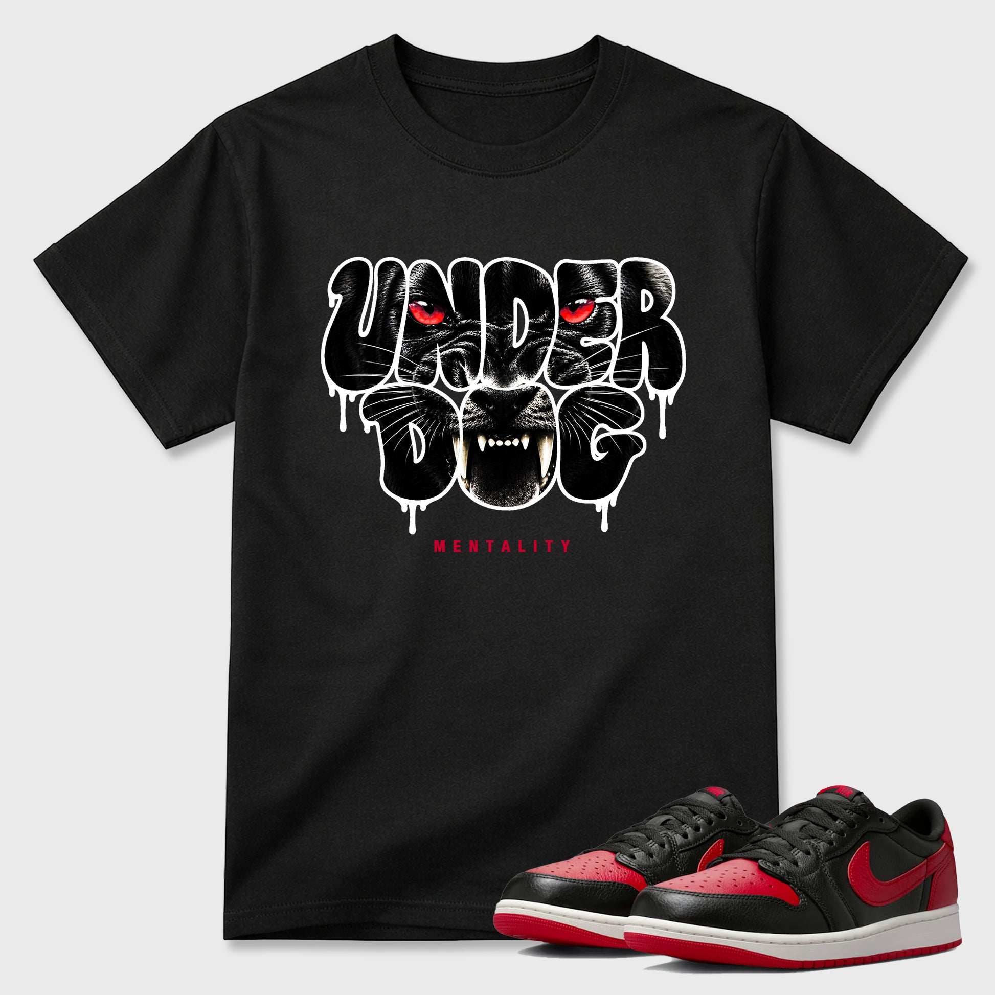 Sneaker match tees – Sneaker Tees To Match Air Jordan 1 Banned Shoes – Under Dog Mentality Tee Black 1