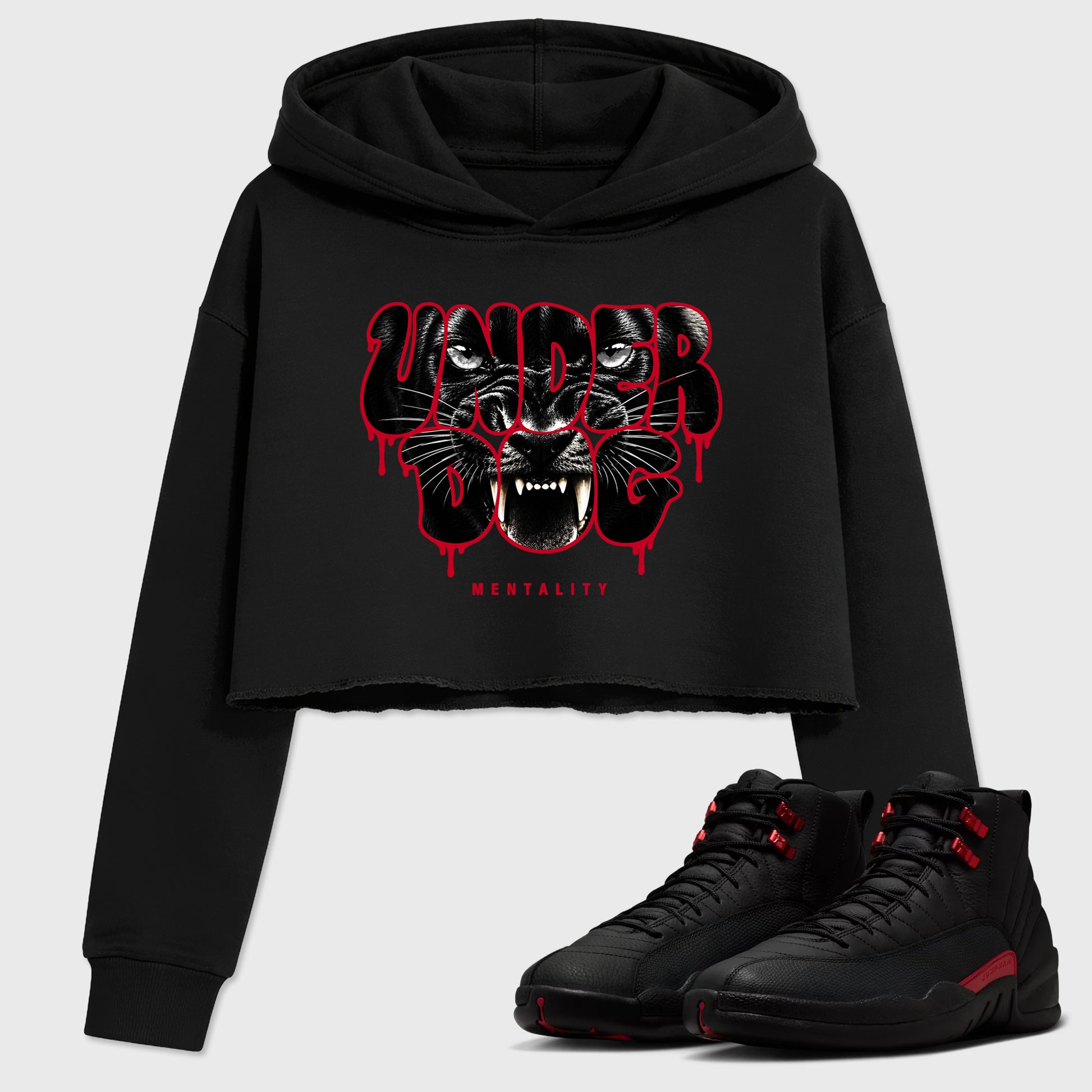 Under Dog Mentality women’s crop tee designed to match the Air Jordan 12 Retro Bloodline, featuring coordinated Black 1 options for a perfect streetwear vibe.