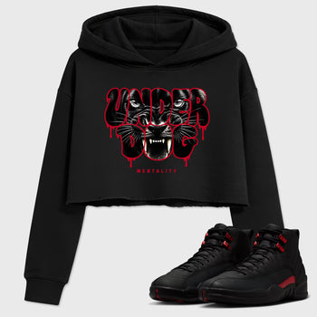 Under Dog Mentality women’s crop tee designed to match the Air Jordan 12 Retro Bloodline, featuring coordinated Black 1 options for a perfect streetwear vibe.