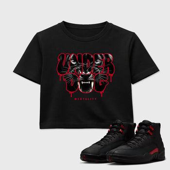 Under Dog Mentality women’s crop tee designed to match the Air Jordan 12 Retro Bloodline, featuring coordinated Black 1 options for a perfect streetwear vibe.